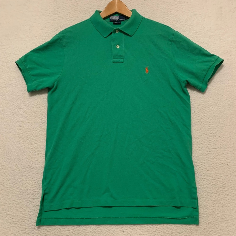 Polo Ralph Lauren Custom Fit Polo Shirt Mens L Orange Pony Logo Cotton Green
